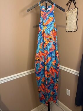Tropical Halter Maxi Dress in Vibrant Blue & Orange